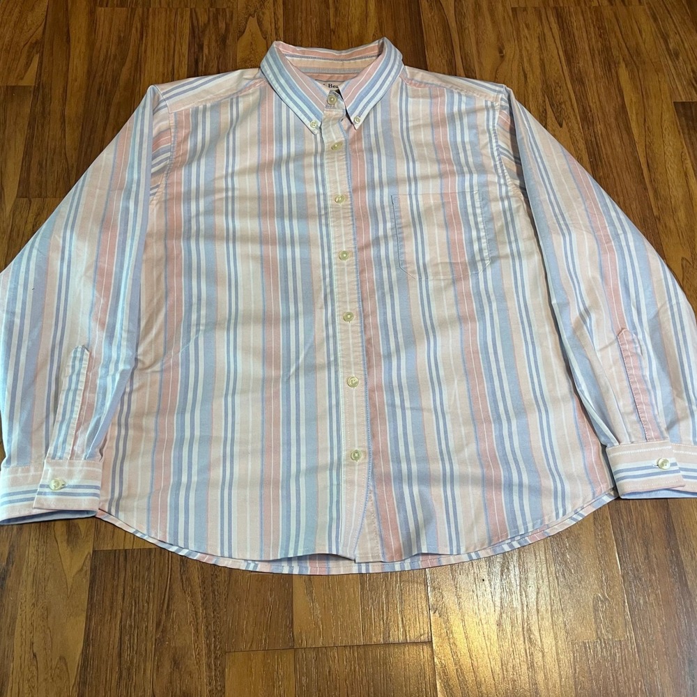 LL Bean Shirt Womens XL Petite Pink Blue Striped Cotton Oxford Button Down